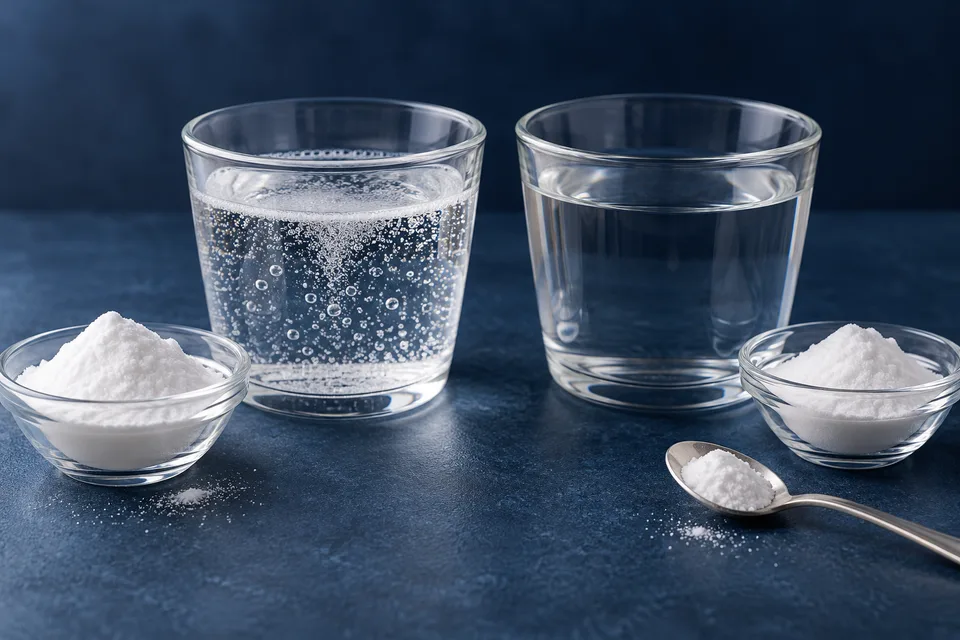 An illustrative view of bubbling liquid beside white powder