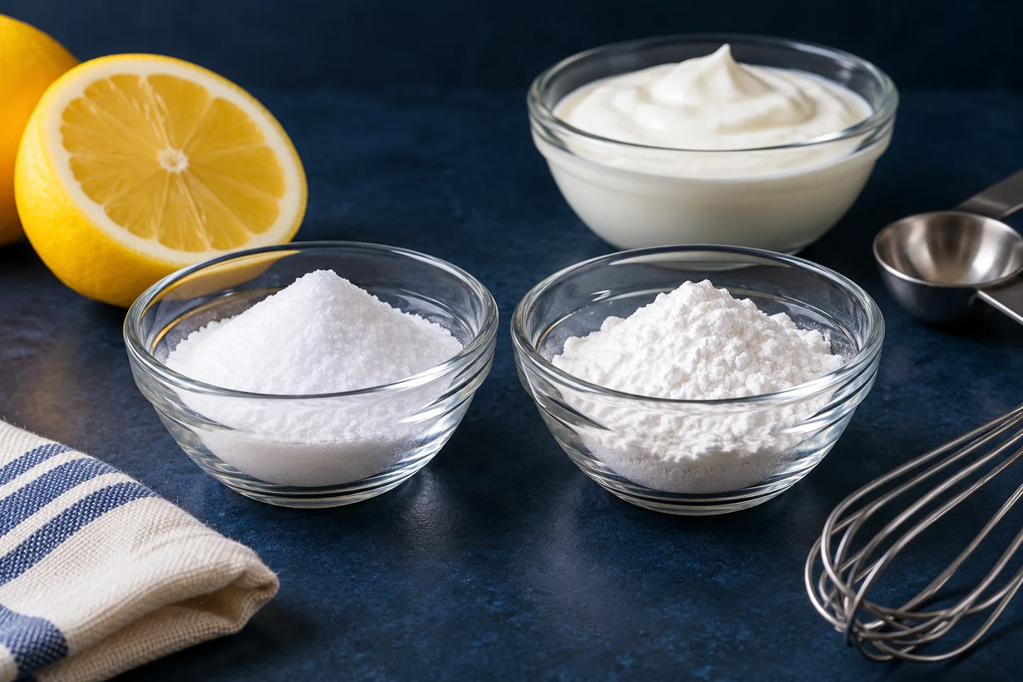 White leavening powders beside lemon and yogurt