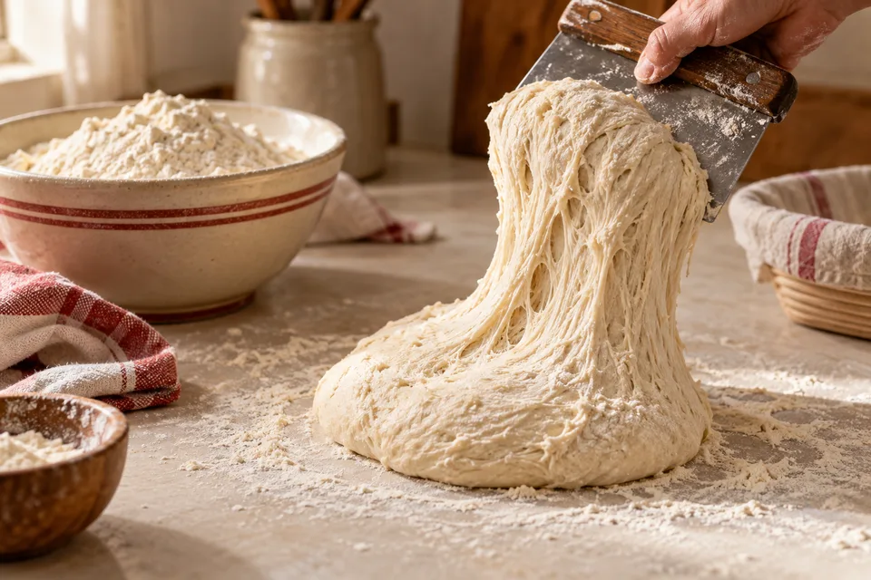 A bench scraper lifting an elastic piece of dough