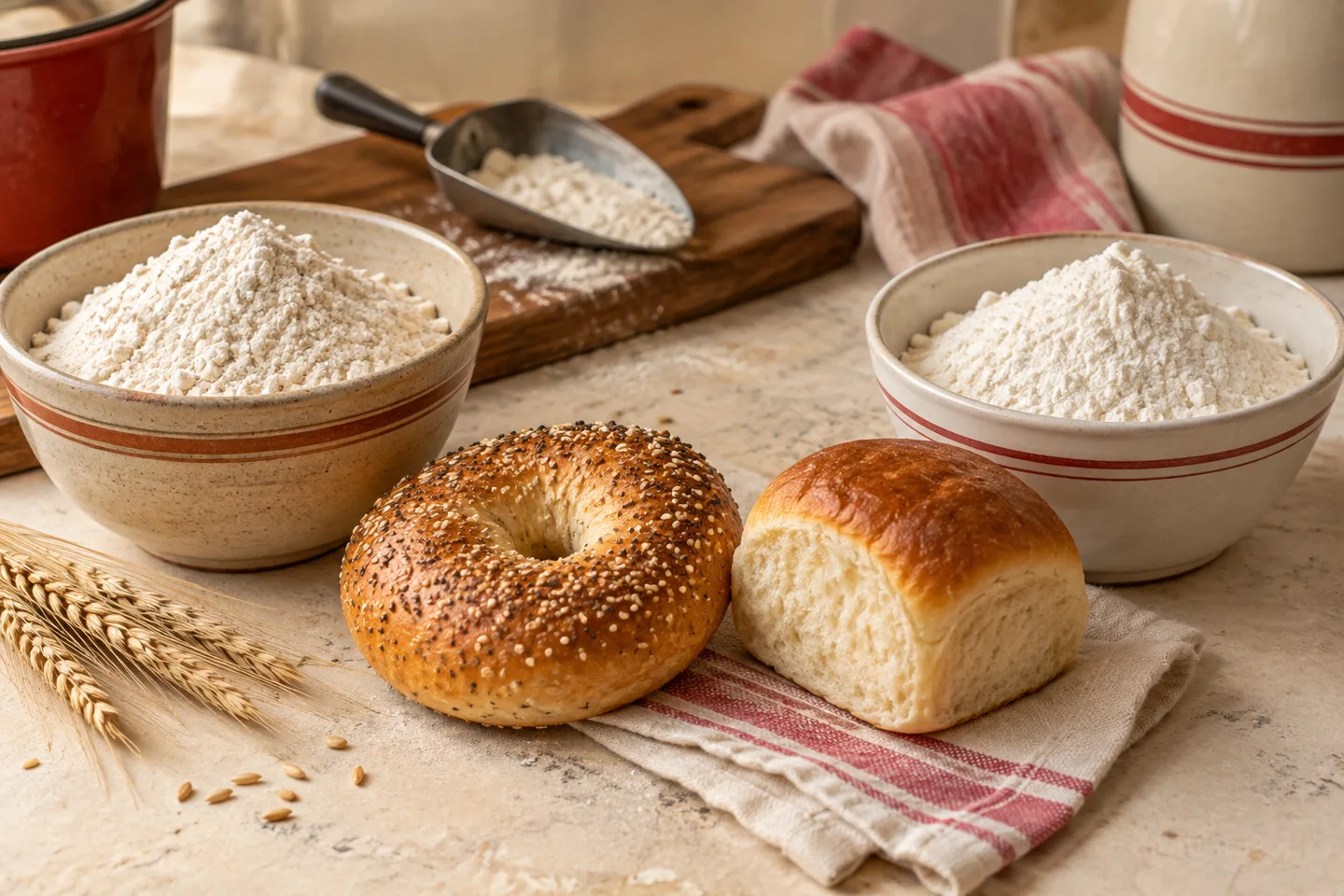 Two bowls of wheat flour beside a bagel and a bread roll