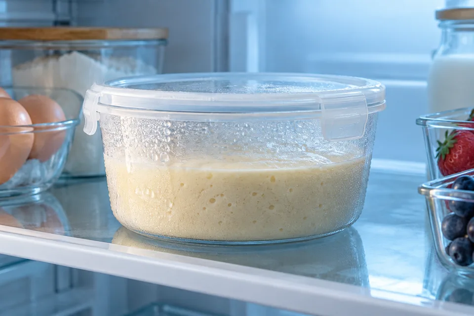 A covered batter container on a refrigerator shelf