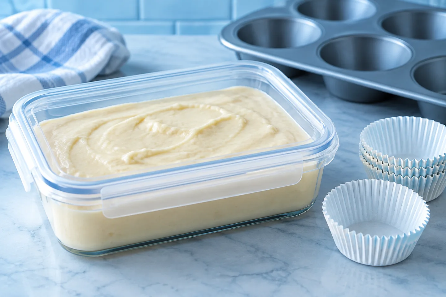 A sealed container of cake batter beside cupcake liners