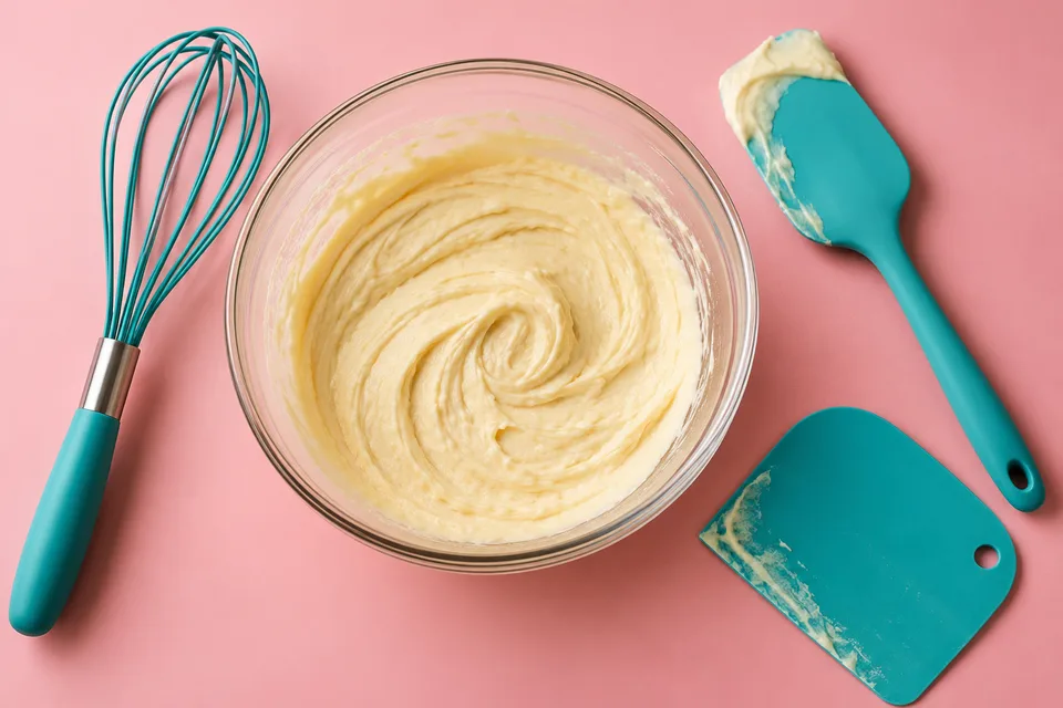 A whisk, spatula and scraper arranged around a mixing bowl