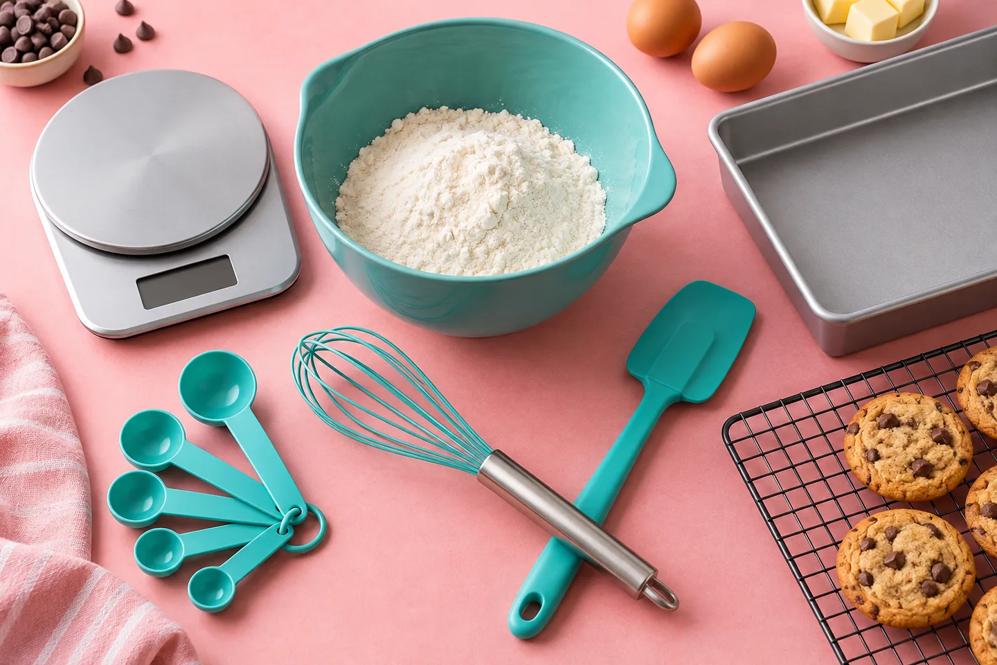 A compact set of beginner baking tools arranged on a tabletop