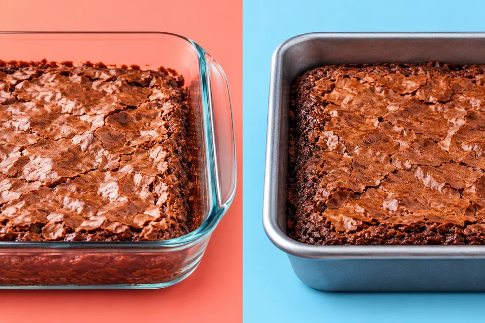 Brownie edges shown in glass and metal pans