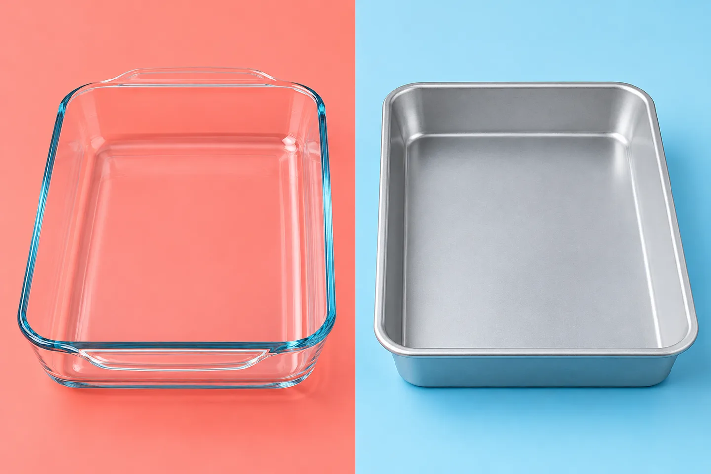 Glass and light-colored metal baking pans side by side