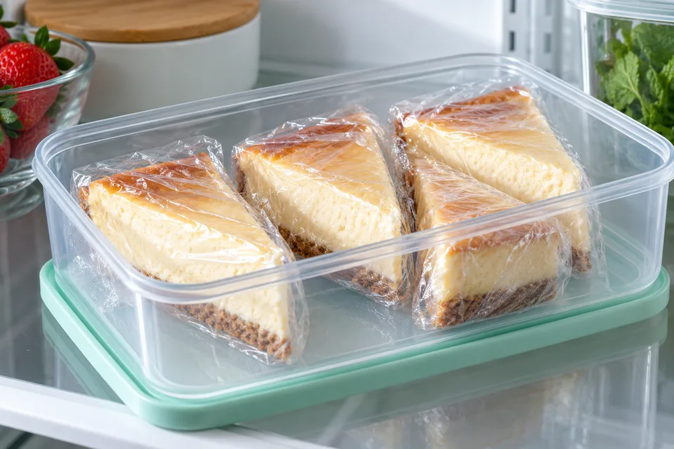 Cheesecake slices wrapped individually for freezing