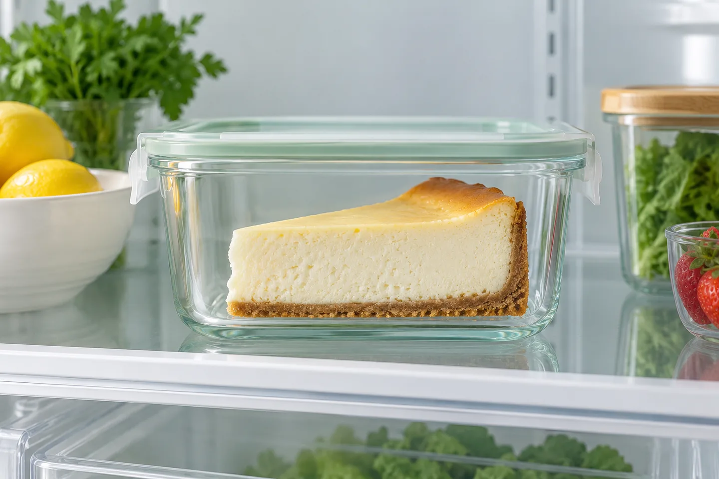 A covered cheesecake slice on a refrigerator shelf