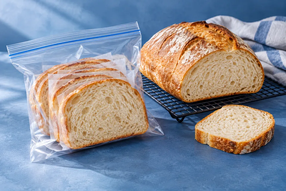 Bread slices portioned for freezer storage