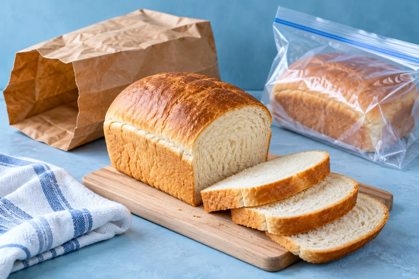 A sandwich loaf beside paper and freezer storage bags