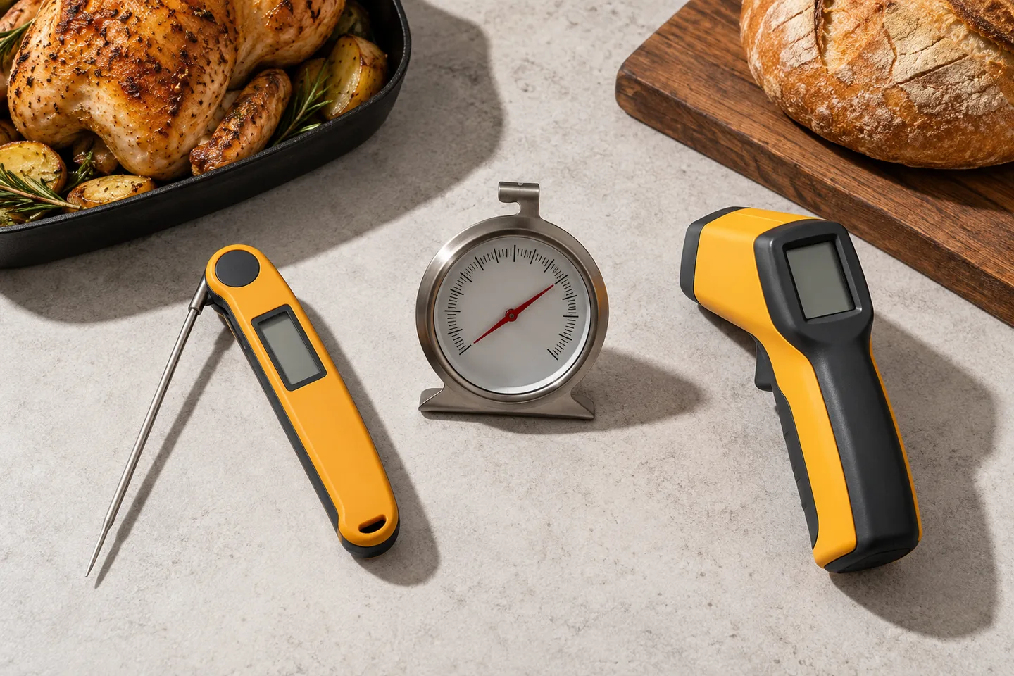 A food probe, an oven dial thermometer and an infrared thermometer on a saffron and graphite surface