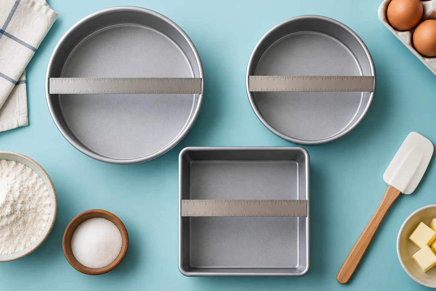 Round and square cake pans beside a measuring ruler