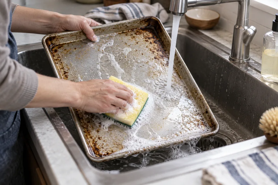 A baking sheet being washed with a soft sponge