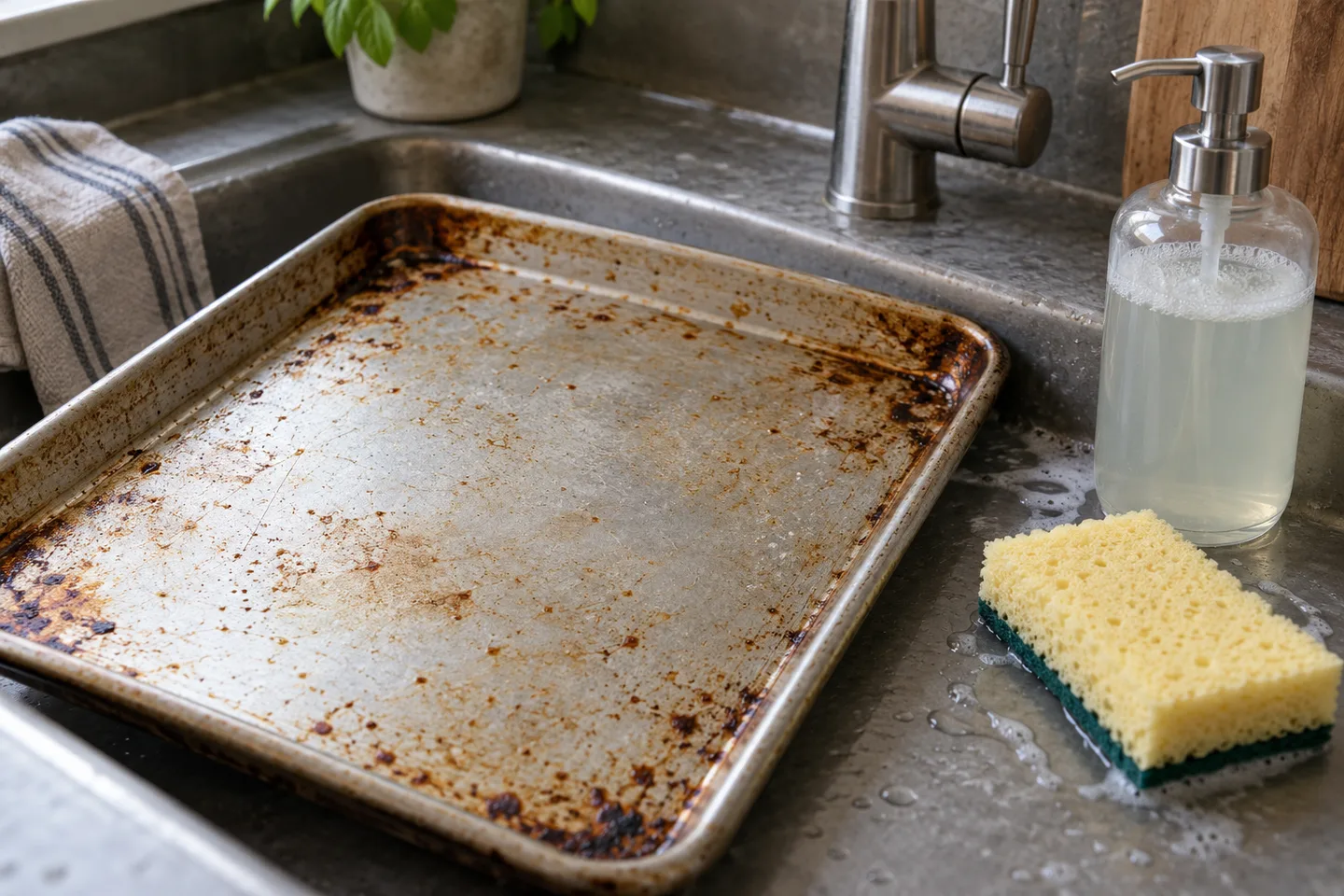 A used aluminum baking sheet beside a soft sponge