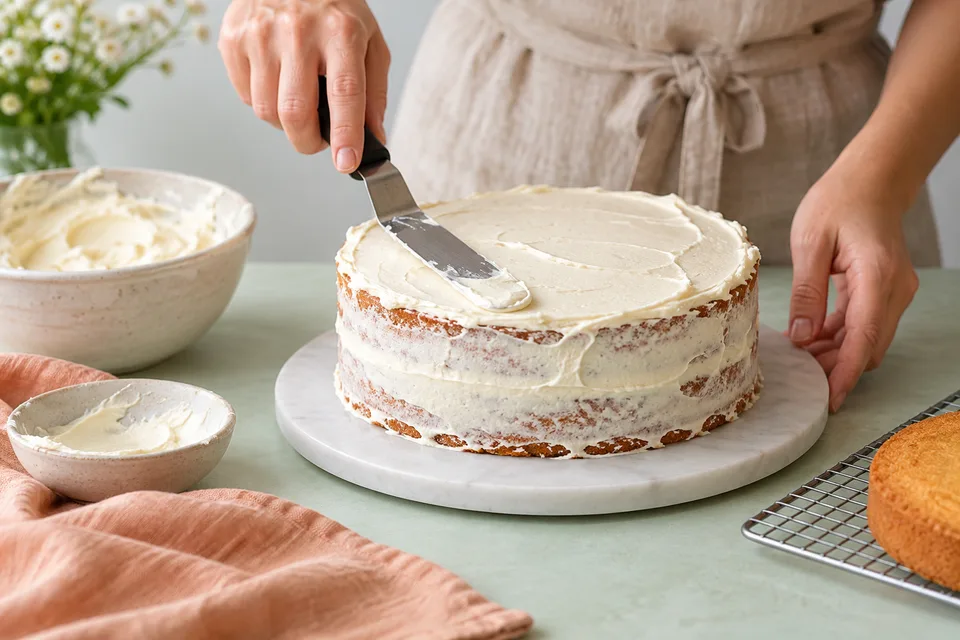 A thin buttercream crumb coat being spread on a cooled cake