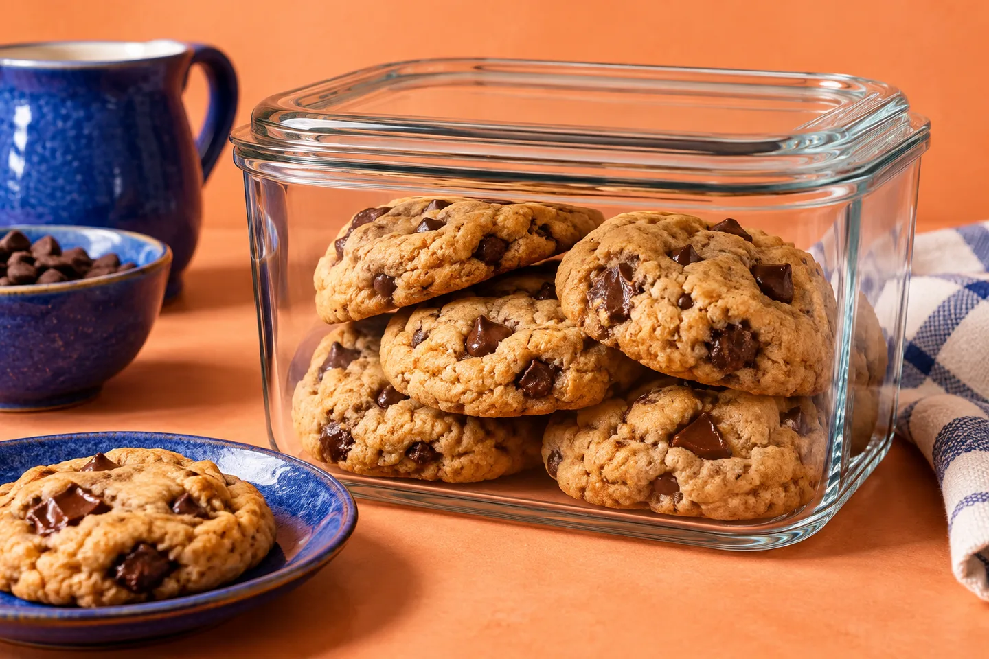 Chocolate chip cookies in a glass storage container