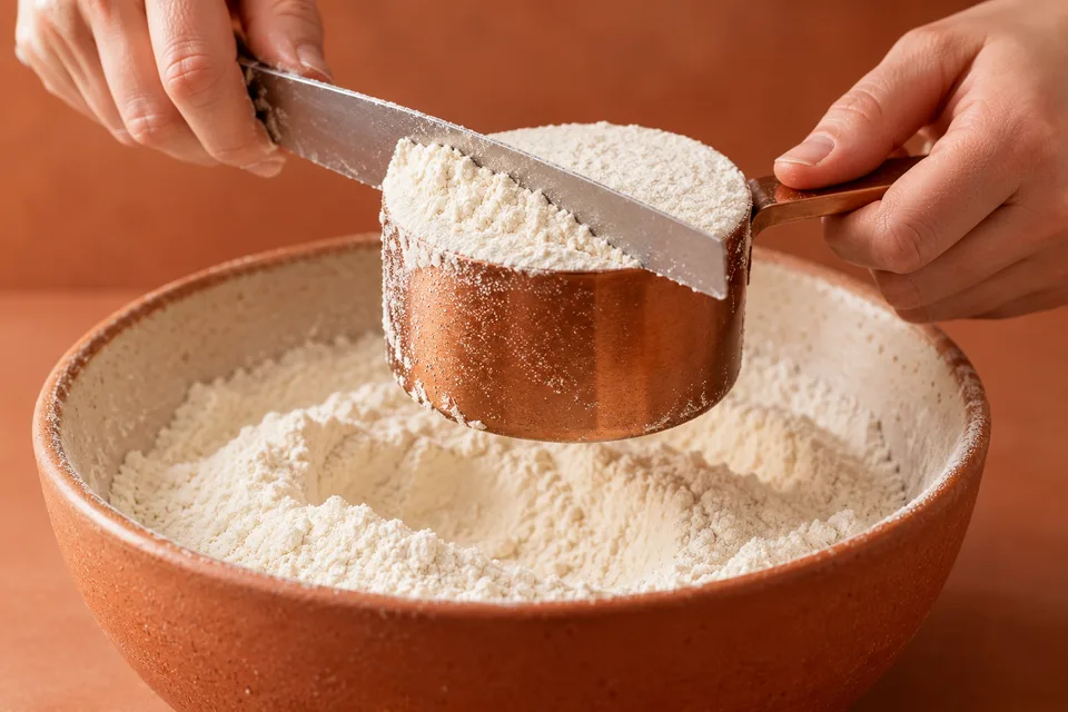 Flour being leveled with a straight edge in a measuring cup