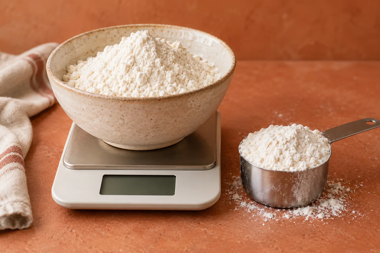 A flour bowl on a kitchen scale beside a measuring cup