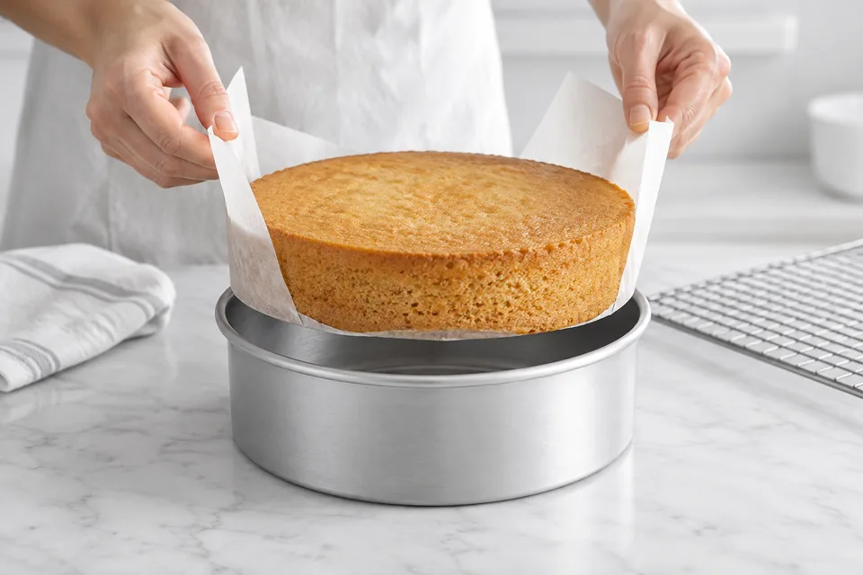 A cake layer being released from a parchment-lined pan