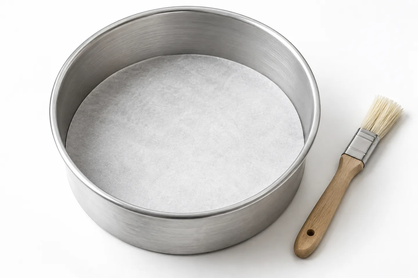 A cake pan lined with a parchment circle beside a pastry brush
