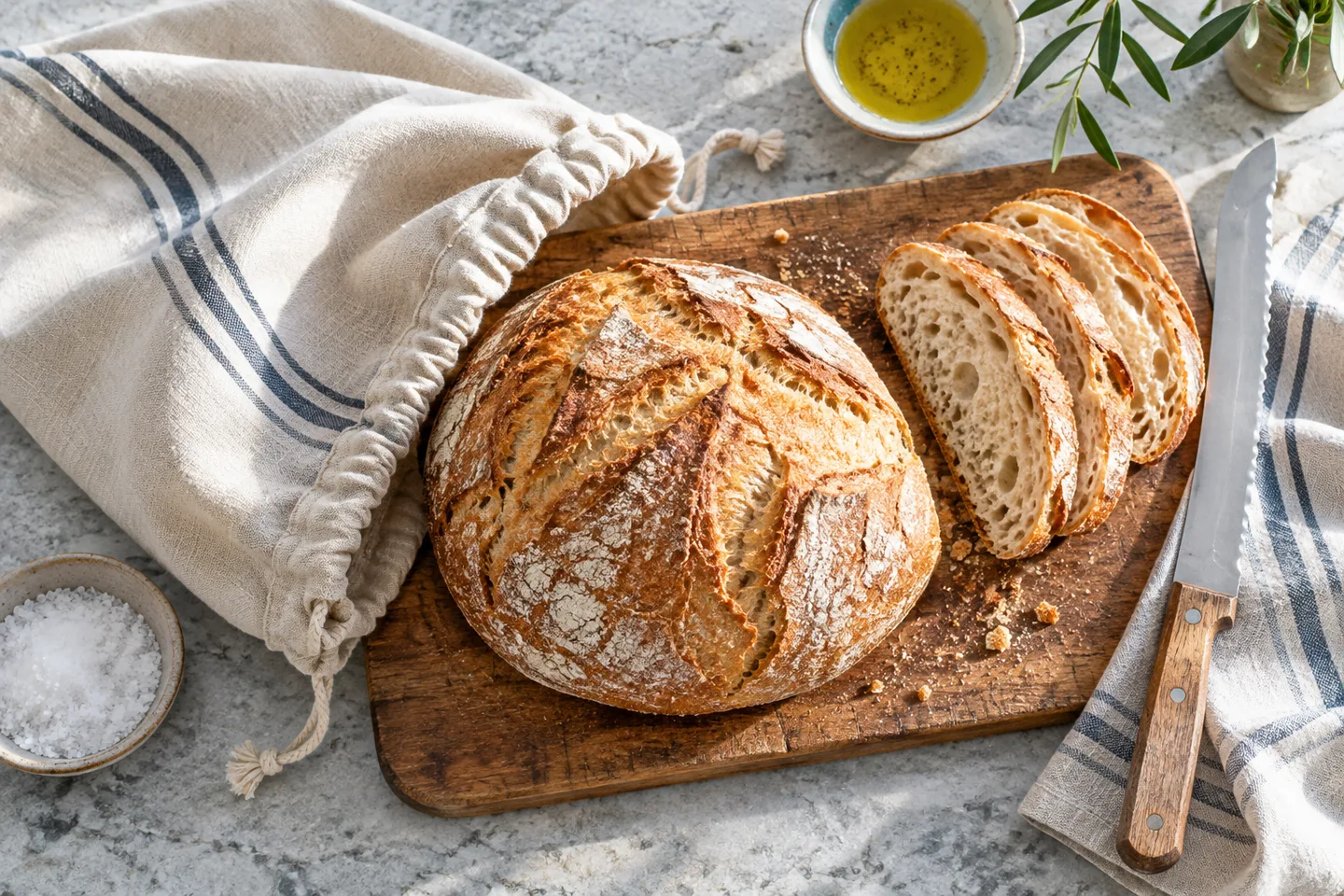 A sliced crusty loaf beside a linen bread bag