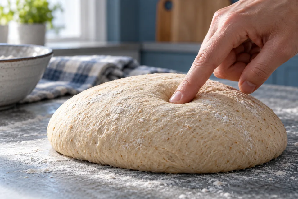 A fingertip making a gentle indentation in shaped wheat dough