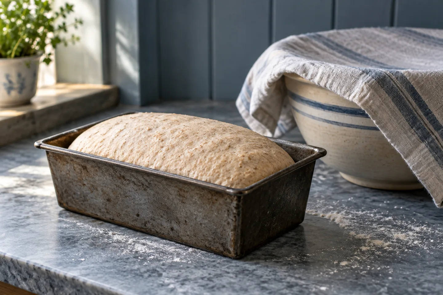 Expanded wheat bread dough with a domed surface in a loaf tin