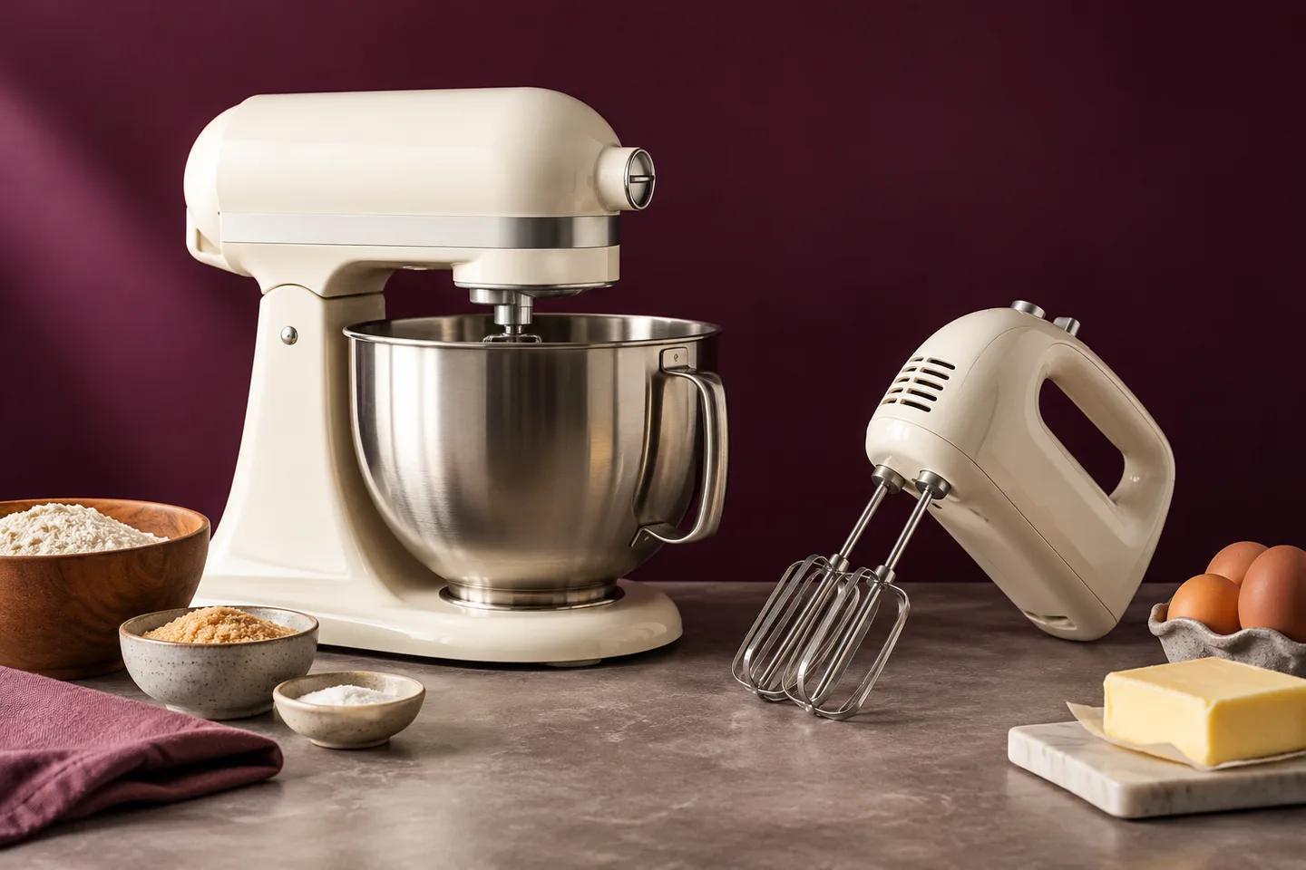 A stand mixer and compact hand mixer side by side