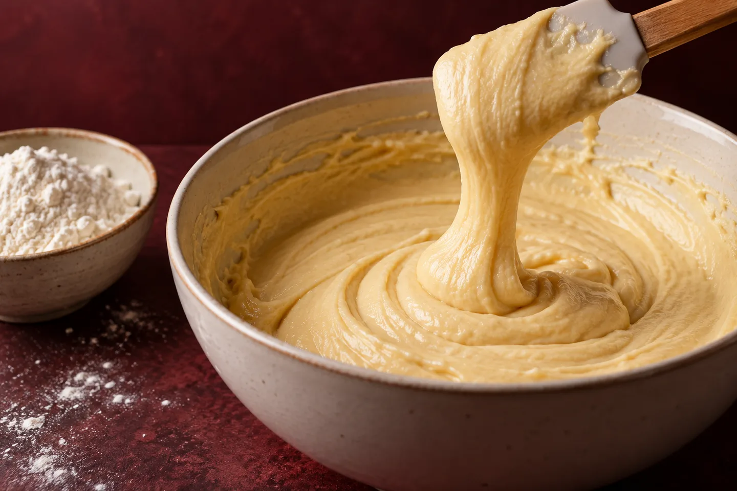 Plain cake batter lifted from a ceramic bowl with a flexible spatula