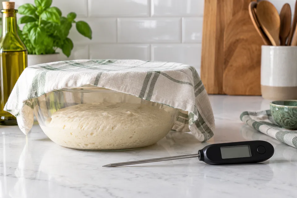 A covered dough container beside a probe thermometer
