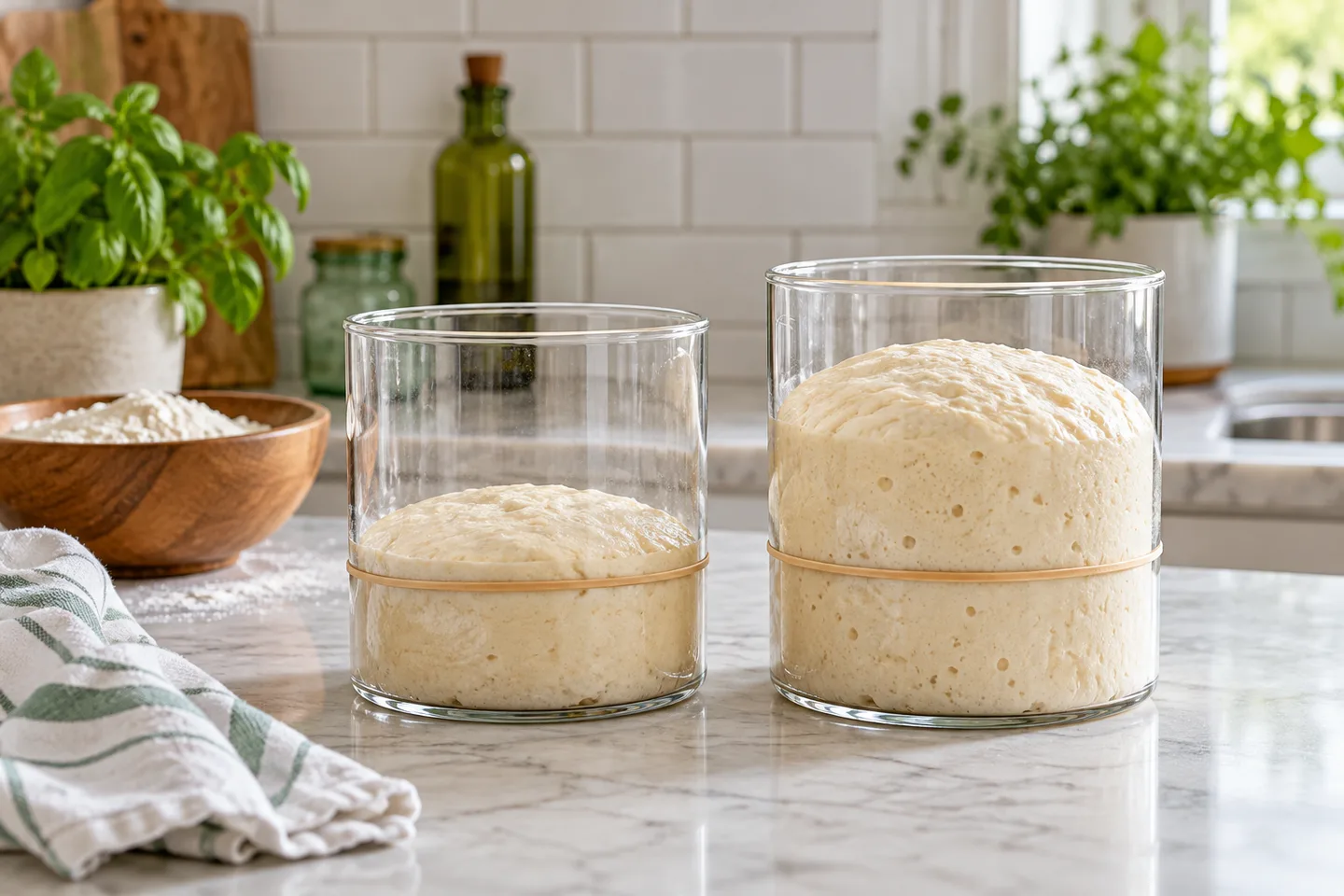 Dough at two different heights in clear containers