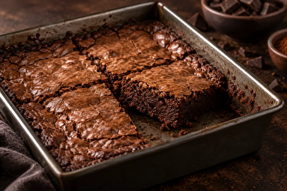 A brownie pan with a cut piece revealing the center texture