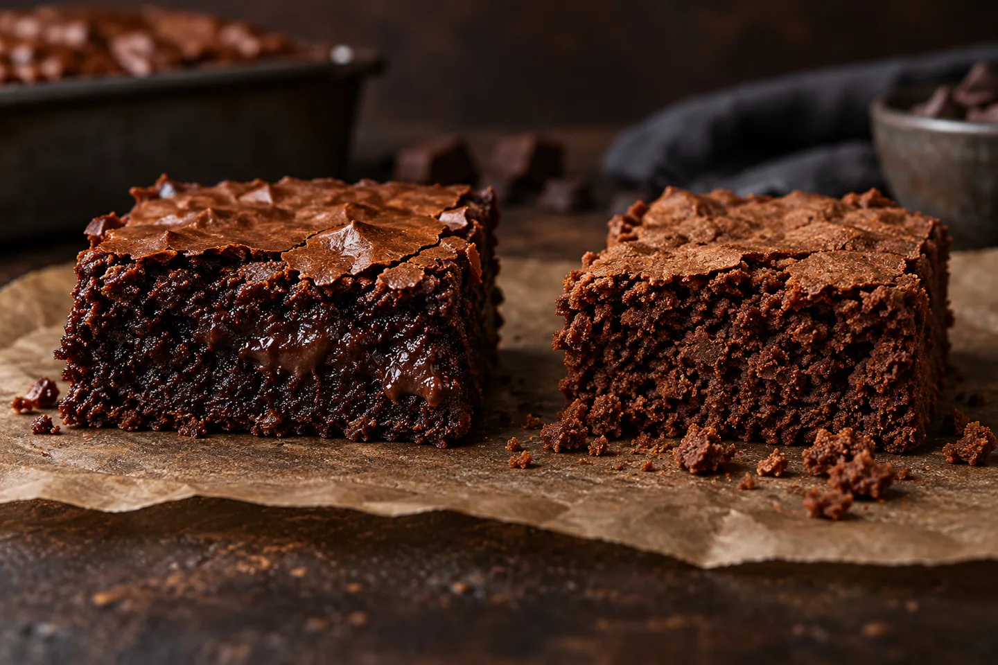 Brownies with dense and crumbly textures shown side by side
