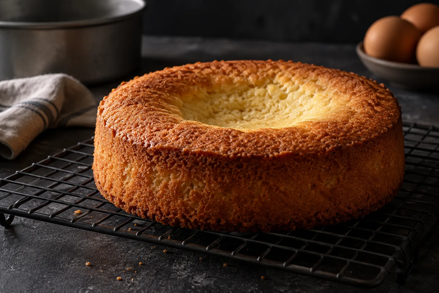 A round cake with a sunken center on a cooling rack