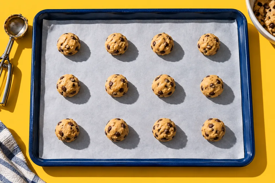 Cookie dough portions spaced apart on a parchment-lined tray