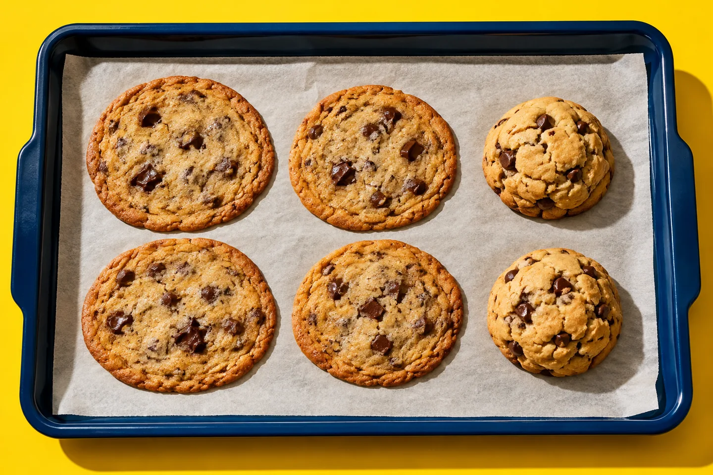 Thin spread-out cookies beside thicker cookies
