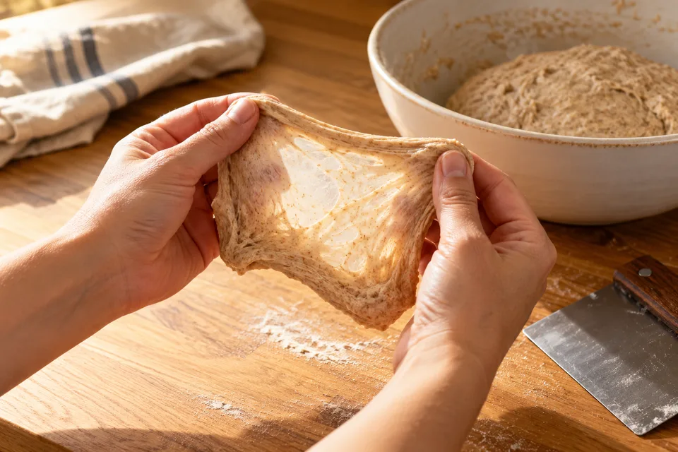 Hands stretching wheat dough to check its development