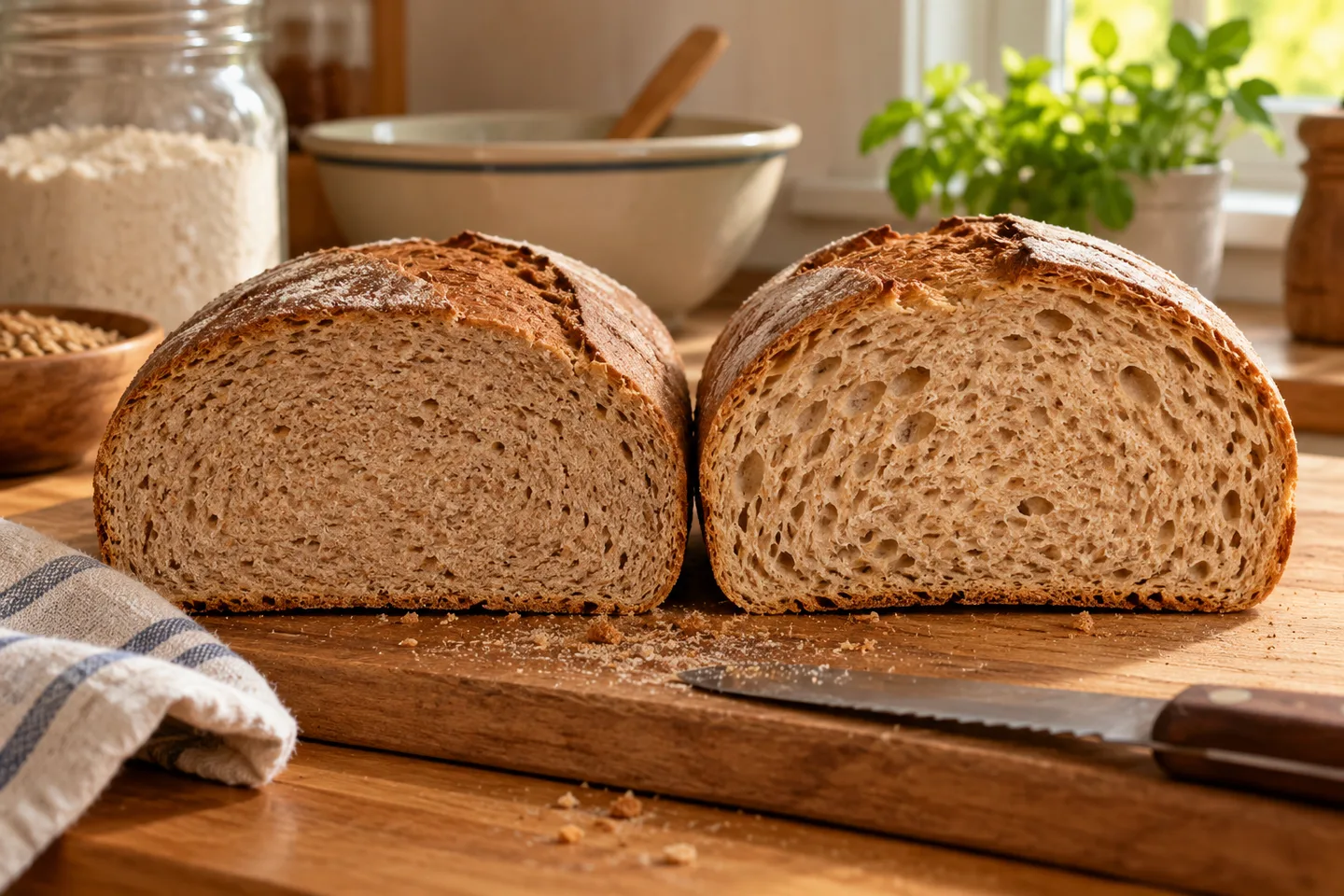 Bread slices showing a tight crumb beside a more aerated crumb