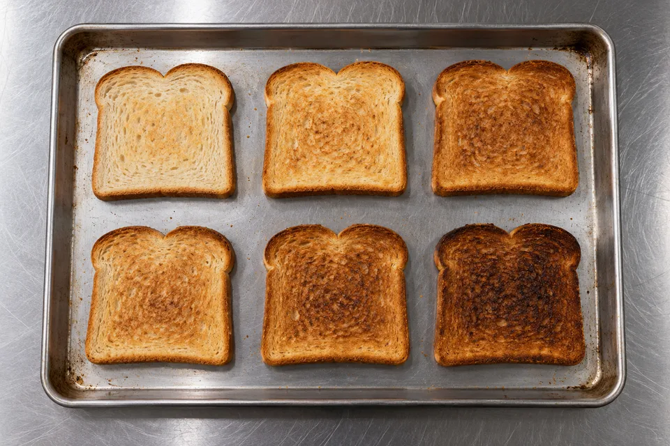 Bread slices showing different levels of browning across a tray