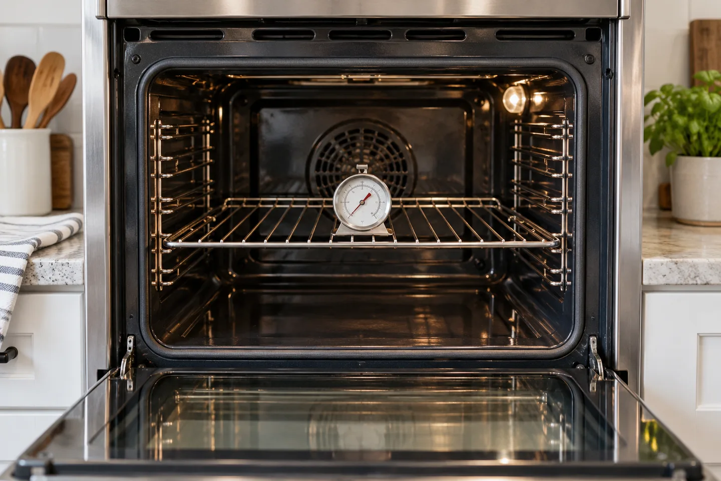 An oven rack with a freestanding oven thermometer