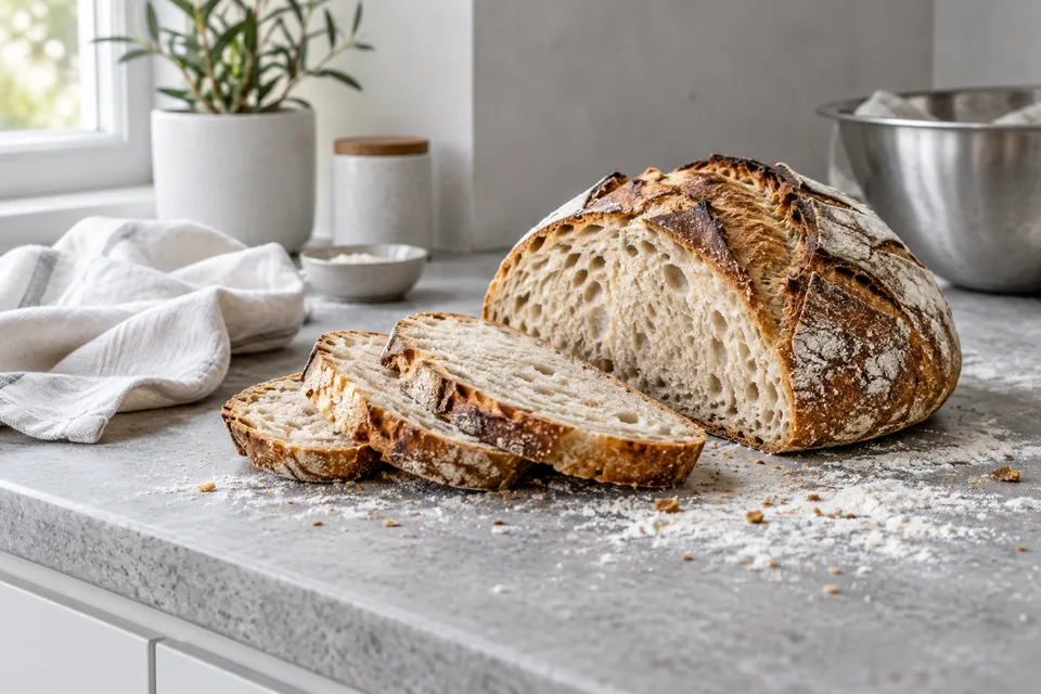 Sliced sourdough on a flour-dusted stone counter