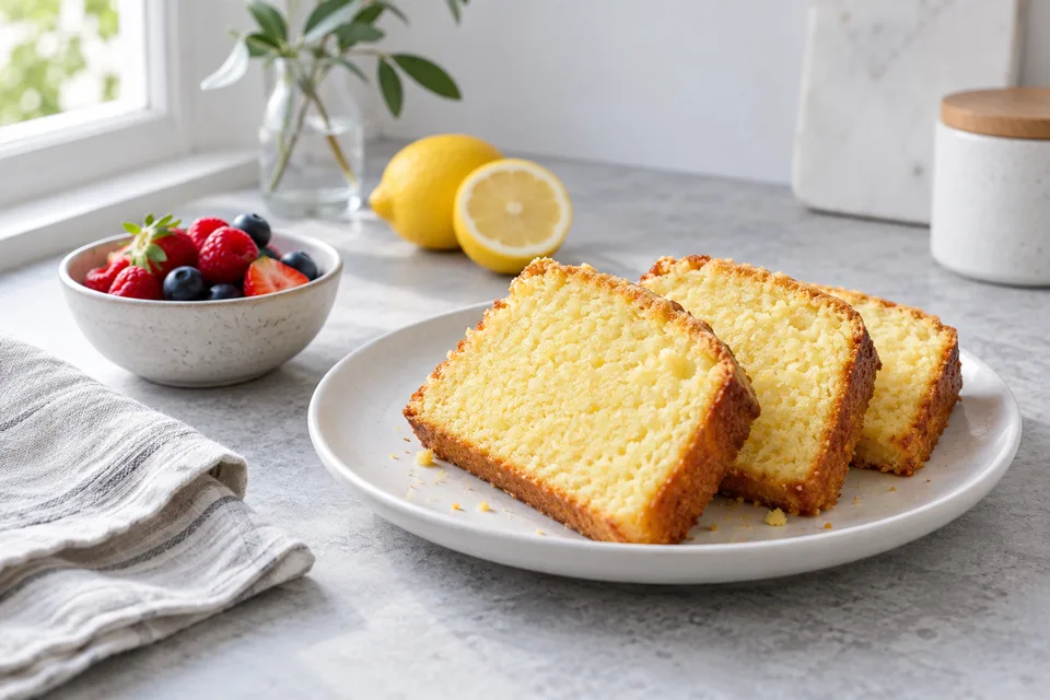 Lemon cake slices and berries on a white plate