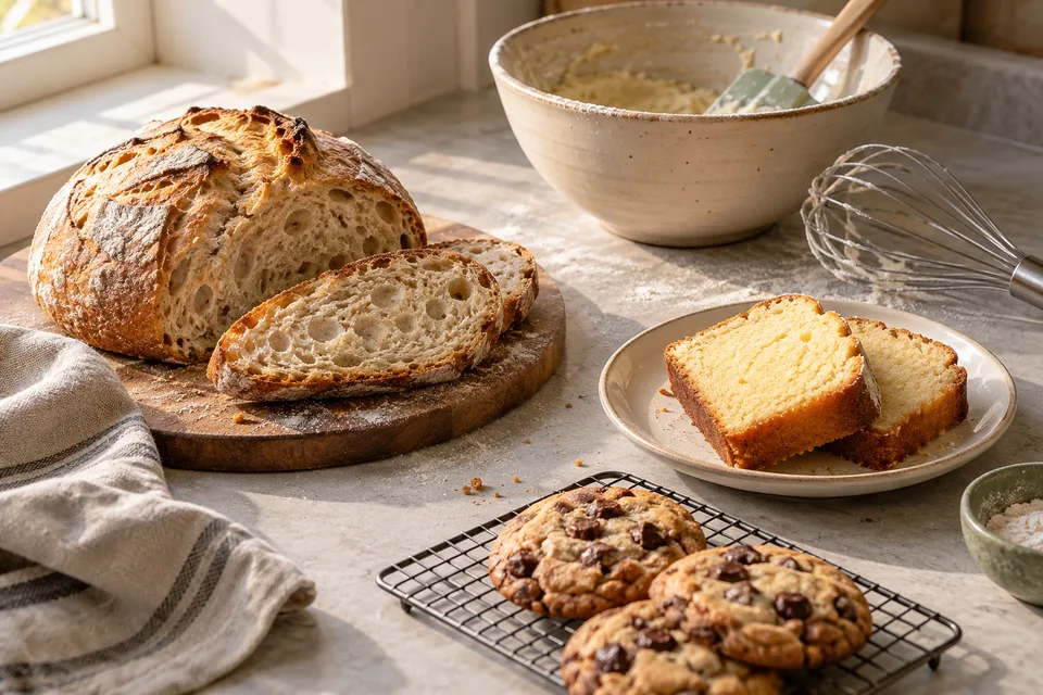 Fresh sourdough, cake slices and chocolate chip cookies beside a whisk and mixing bowl on a light kitchen worktop