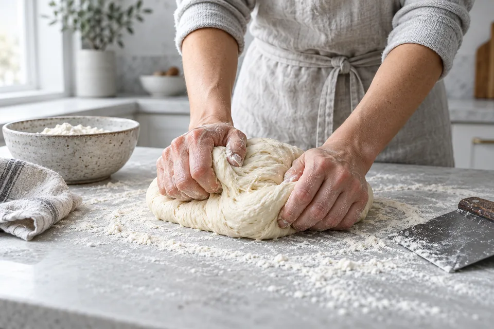 Hands working soft dough on a light kitchen counter