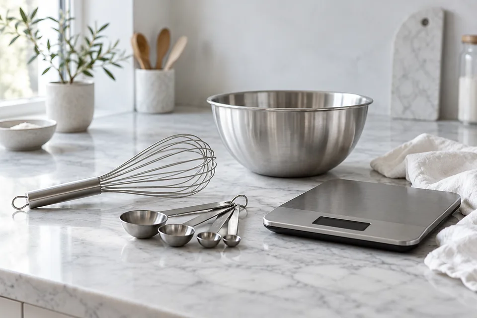 Measuring tools, a whisk, a scale and a stainless mixing bowl